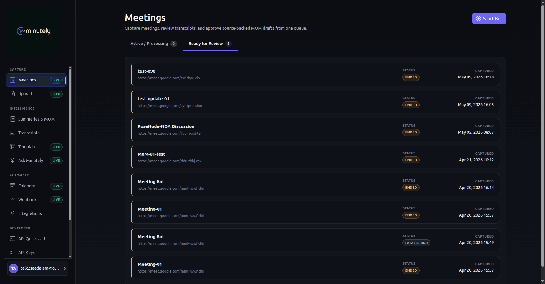 Minutely meeting dashboard